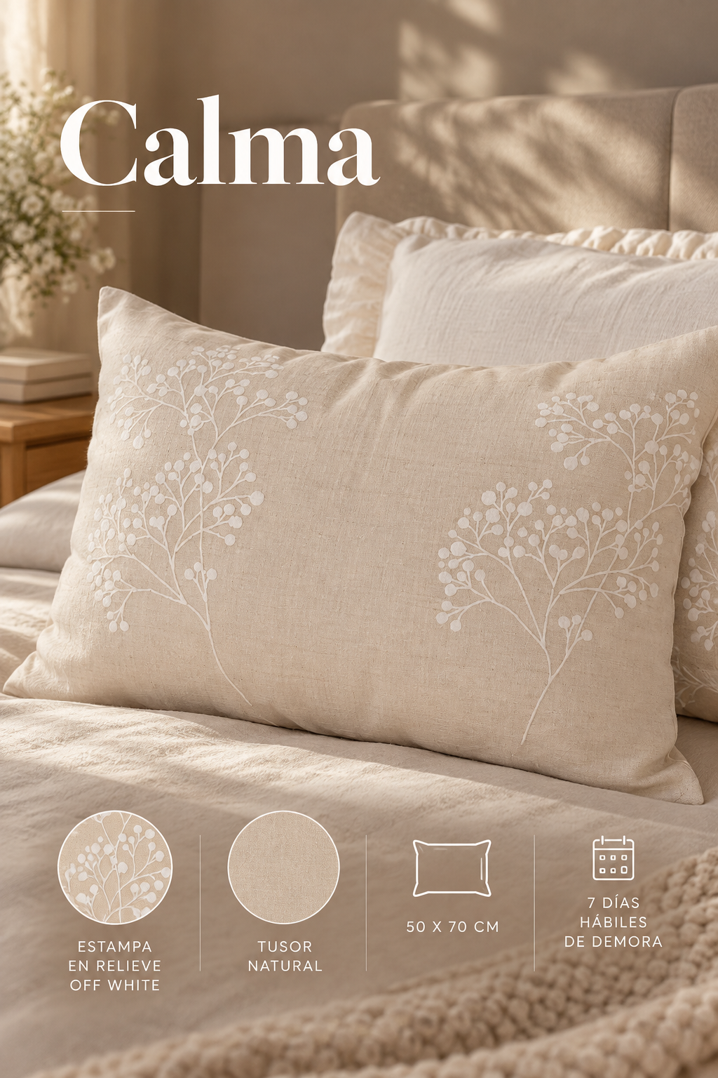 Funda Calma de tusor natural con estampa off white en relieve - 50 x 70 cm